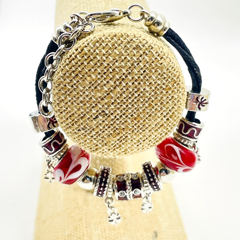 Red Black Silver Tone European Style Beaded Charm Bracelet Toggle Clasp